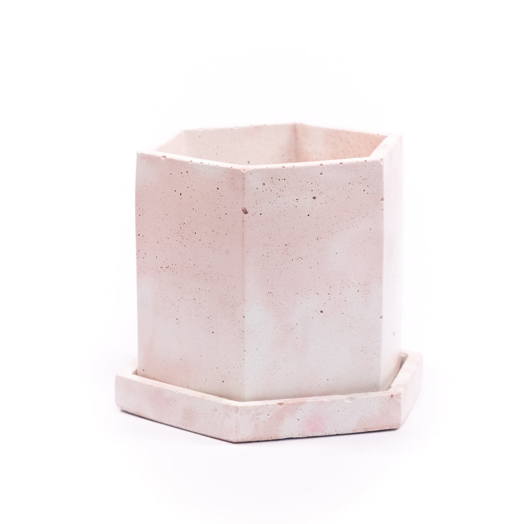 Macetero de Cemento Hexagonal con Plato - 8x8 cms.