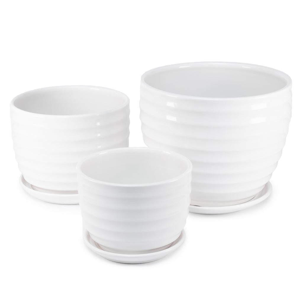 Set 3 Maceteros de Cerámica Blancos - Diseño Cintas Delgadas
